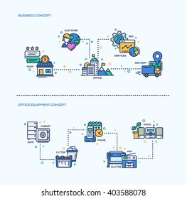 Business, office equipment icons concepts compositions set. Vector modern line flat design infographics and web elements. Shop, customer, delivery, safe, phone, plotter