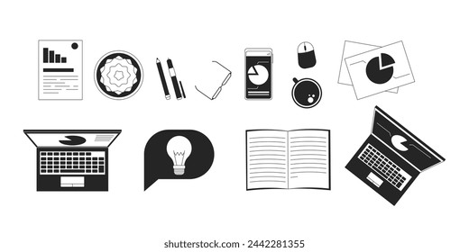 Business office essentials black and white 2D line cartoon objects set. Entrepreneur workplace supplies isolated vector outline items collection. Small business monochromatic flat spot illustrations