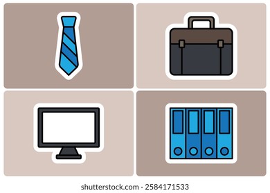 Business and Office Essentials Doodle Icon Sticker Set. Tie, Briefcase, Computer, and Files