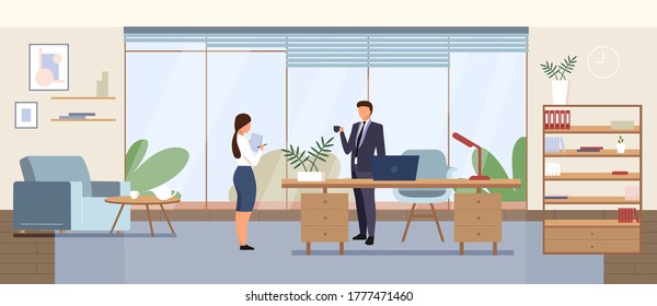 Business Office Flat Color Vector Illustration. Corporate Manager, Company CEO Cabinet 2D Cartoon Interior Design With Characters On Background. Businessman With Secretary, Personal Assistant