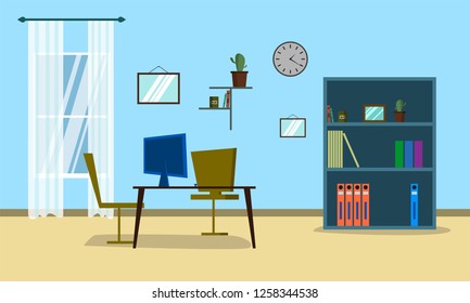 Business Office Flat  Vector Illustration. 
Workspace with Table and Computer Inside Company Building. 
Modern Boss Cabinet with Furniture and Window. Corporate Place.