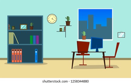 Business Office Flat  Vector Illustration. 
Workspace with Table and Computer Inside Company Building. 
Modern Boss Cabinet with Furniture and Window. Corporate Place. City outside the window.