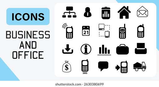 Business and office icon set black glyphs