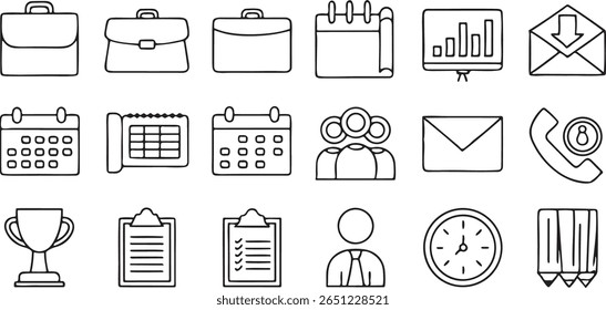 conjunto de ícones de negócios e escritórios, estrutura de tópicos preta, destino da pasta do documento, ícones de linha editáveis para local de trabalho ou painel de controle corporativo