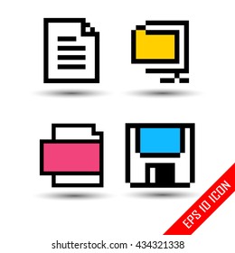 Business office icon Set. Old style logo of zip-file, text files and sign of diskette. Vector illustration.