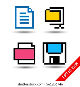 Business office icon Set. Old style logo of zip-file, text files and sign of diskette. Vector illustration.