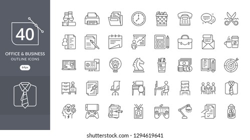 Business office icon set. Set of Business Office Related Vector Line Icons. Contains such Icons as Desk, Document, Clock, Folder, Printer, Task, money, and more. Office icons set - Vector