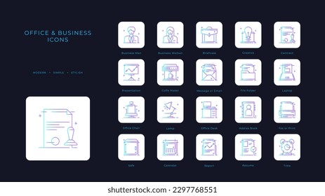 Business and office icons collection with blue duotone style. team, management, communication, strategy, teamwork, organization, network. Vector illustration
