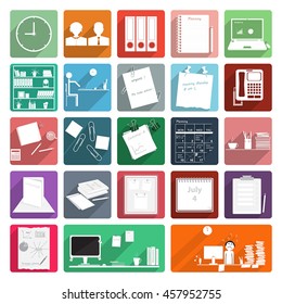 Business office icons with long shadow, vector illustration