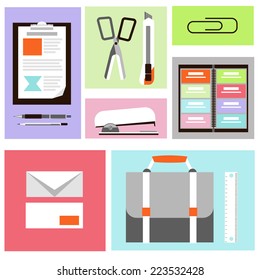Business office icons set envelope stapler knife clipboard briefcase flat design style