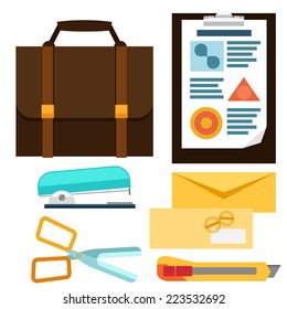 Business office icons set envelope stapler knife clipboard briefcase flat design style