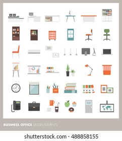 Business office icons set: objects, furnishings, decorations and electronics