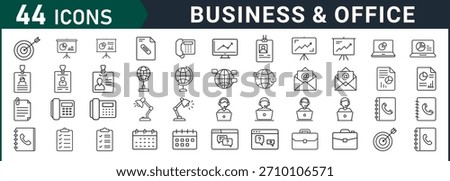 Business and office icons showcase a range of elements related to the corporate world including targets presentations documents phones computers identification globes emails files desks calendars fol