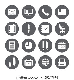 Business, office icons. Vector white signs, gray circle. 