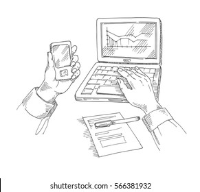 Business office illustration, work on the computer, using the phone, working paper, Sketch of engineer working on lap top, Hand drawn vector illustration