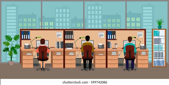 Business office interior with big window and group of coworkers busy with work. Workplace concept. Flat vector illustration.