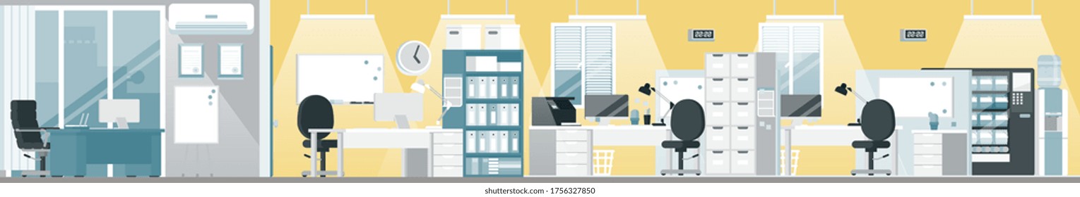 Business office interior. Office building floor room space with desk, empty chair, desktop computer, marker white board. Modern business indoor interior with furniture decor in comfortable workspace