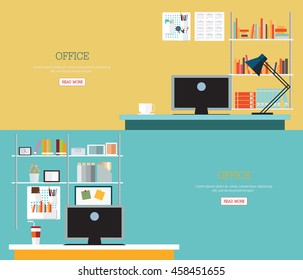 Business office interior style, modern workplace, cartoon flat design vector illustration.