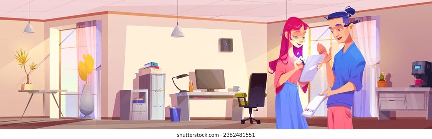 Business office interior with two coworkers communicating. Cartoon workspace with computer on table and rack with documents, sun beams through window, coffee machine and man and woman discussing job.