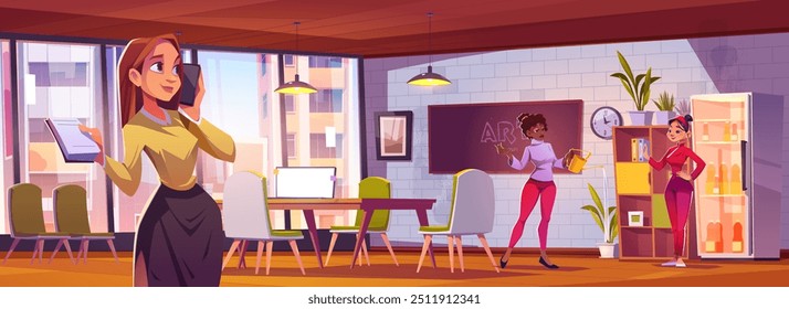 Interior de escritório de negócios com pessoas que trabalham. Mulheres de desenhos animados conversando no telefone, regando flores em potenciômetro e de pé no espaço de coworking com mesas e cadeiras, quadro-negro e armário, cidade fora da janela