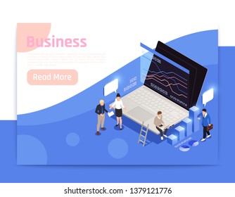 Business office isometric page design with growth symbols vector illustration