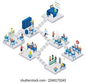 Business office isometric vector. Building floor with people at work 3d illustration. Corporate workplace with employee inside. Teamwork and coworking