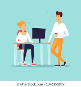 Business office life, a guy talking to a girl. Flat design vector illustration.