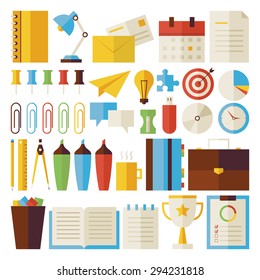 Business and Office Life Objects Set isolated over White. Flat Style Vector Colorful Objects. Collection of Science and Education Templates. Back to School. Success and leadership. Office Life