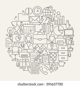 Business Office Line Icons Set Circle Shape. Vector Illustration of Modern Working Place and Job 
Objects.
