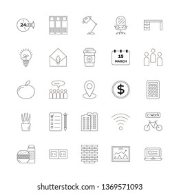 Business office linear icons set. Office and bureau linear illustrations pack. Workspace implements. Modern thin outline workplace and job items. Working 24 hours
