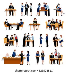 Business office lunch break pause as successful personnel productivity boosting  flat icons collection abstract isolated vector illustration