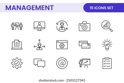 Business and office management Outline Icon Collection. marketing, strategy, teamwork, planning, business, training, office icons illustration.