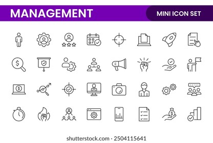 Business and office management Outline Icon Collection. marketing, strategy, teamwork, planning, business, training, office icons illustration.