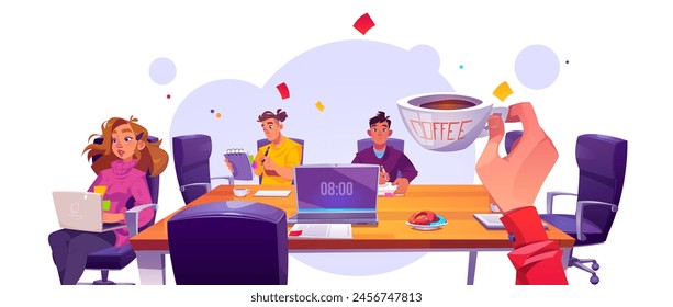 Business office morning with table and team work. Group conference meeting with coffee and laptop. Colleague meet and communication cartoon graphic. Corporate manager on workplace with employee