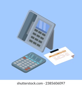 Conjunto de objetos de oficina comercial. Calculadora con teléfono y documento con lápiz. Organización de procesos de trabajo y papeleo eficientes. Colección vectorial plana de dibujos animados aislada en fondo azul