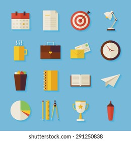 Business and Office Objects Set with Shadow. Flat Styled Vector Illustrations. Back to School. Science and Education Set. Success and leadership. Collection of Objects over Blue Background