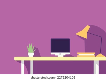 business office, organized workspace with table, chair, lamp, laptop and plants, flat design, pastel colors, purple background