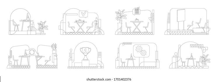 Business office outline vector illustrations set. Corporate workspace, coworking space contour composition on white background. Empty workplaces, rooms with no workers simple style drawings pack