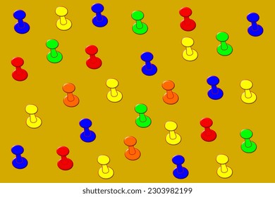 Business office pattern. A pile of colorful push pins scattered on a orange background