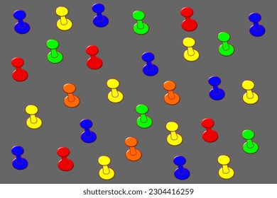 Business office pattern. A pile of colorful push pins scattered on a gray background
