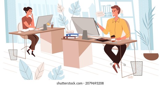 Concepto de oficina de negocios en diseño plano moderno. Empleados trabajando en computadoras y llamando a teléfonos que están sentados en los escritorios. Colegas en los lugares de trabajo, escena personal. Ilustración vectorial para banner web