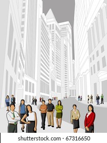 Business and office people in financial district. Downtown vector illustration.