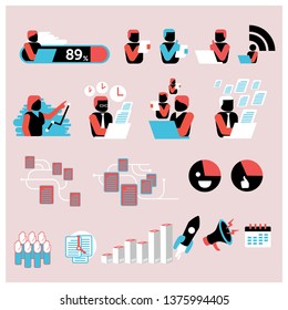 Business and office people flat graphic set. management, human resources flat design icons set. template elements for web and mobile applications