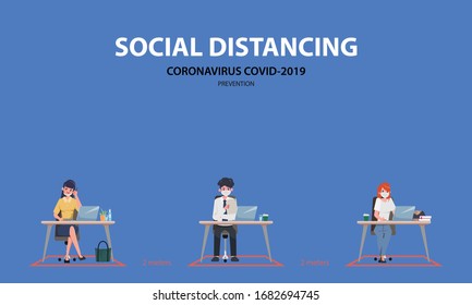 Business Office People Maintain Social Distancing. Stop Covid-19 Coronavirus.