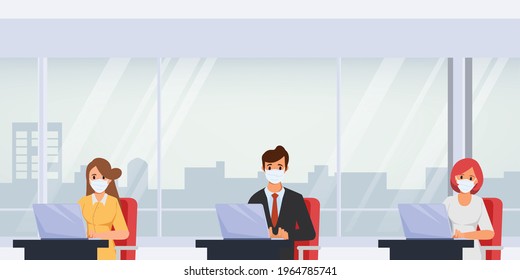 Business office people maintain social distancing office room. Stop covid-19 coronavirus. New normal lifestyle in job.