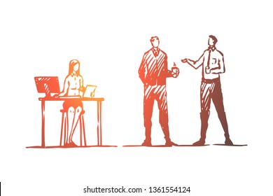 Business, office, people, teamwork, brainstorm concept. Hand drawn business colleagues discussing work items concept sketch. Isolated vector illustration.