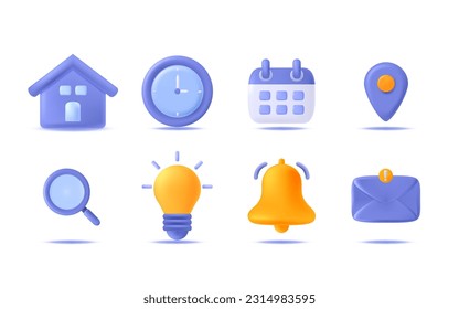 Business and office schedule 3d icon set. Place, time, calendar, search, bulb, bell, envelope icon.