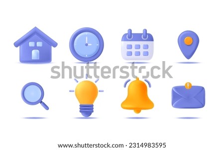 Business and office schedule 3d icon set. Place, time, calendar, search, bulb, bell, envelope icon.