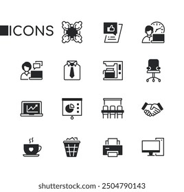 Business and office - set of line design style icons isolated on white background. High quality images of round table, employee, uniform, handshake, coffee machine, computer, printer and equipment