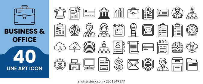 Business and office set of web icons in line style. A collection of linear icons representing key business concepts, including market analysis, strategy, leadership, innovation, and planning.